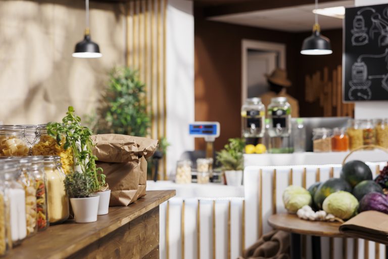 a counter with plants and a bag on it